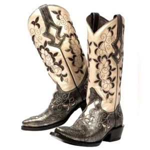J.B. Dillon Leather Cream & Black Overlay Embroidered Western Snip Toe Boots